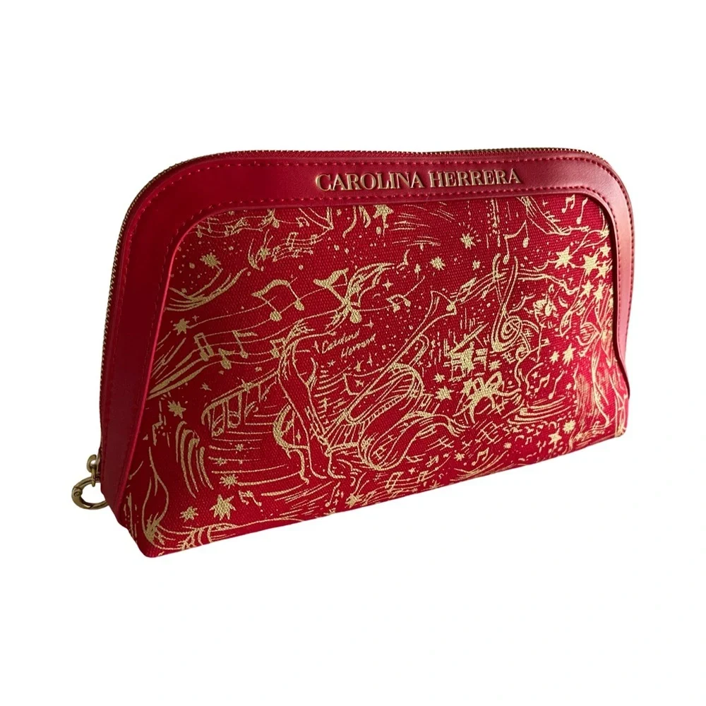 Carolina Herrera Red & Gold Cosmetic Bag Makeup Pouch Zip Travel Case